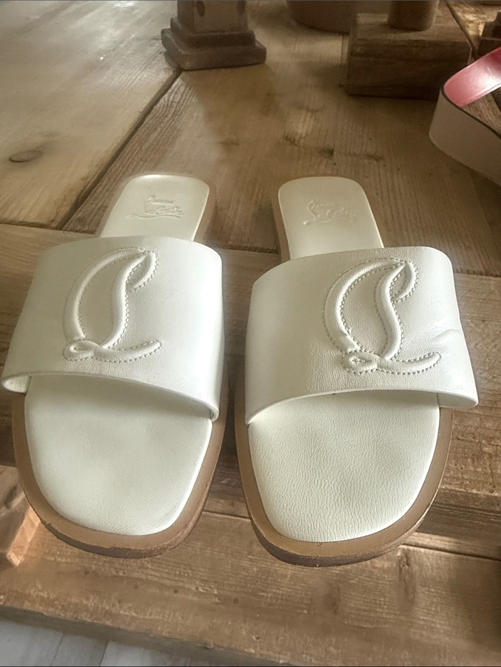 Christian Louboutin White Leather Logo Slide Sandals with Tan Sole